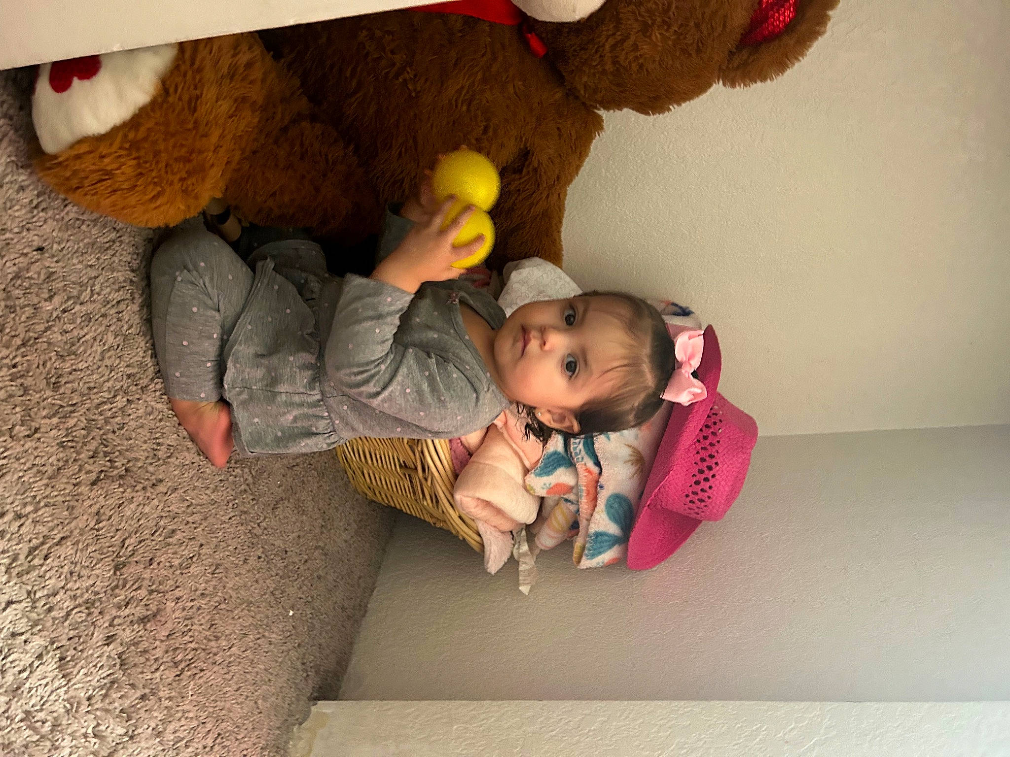 Isabella joined the competition — help win amazing prizes! baby, baby_toddler_clothing, child, comfort, flooring, fun, happy, human_body, leisure, mammal, person, play, plush, red, room, sitting, stuffed_toy, teddy_bear, toddler, toy