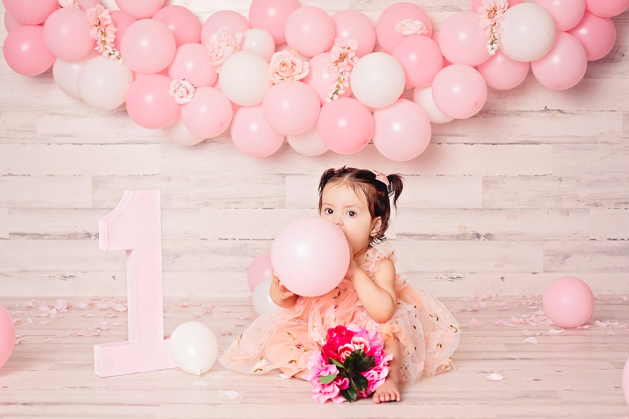 Isabella is registered to the contest to win money with this photo: balloon, beauty, child, decoration, event, facial_expression, flash_photography, font, formal_wear, fun, happy, love, magenta, party, party_supply, peach, person, photograph, pink, sweetness