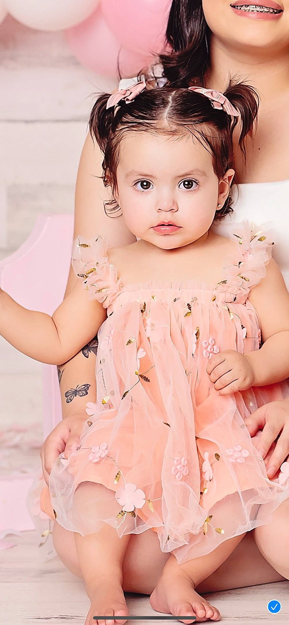 Isabella joined the competition — help win amazing prizes! baby_toddler_clothing, day_dress, dress, eye, eyebrow, eyelash, face, finger, flash_photography, gesture, hairstyle, happy, head, headgear, lip, neck, person, pink, skin, sleeve
