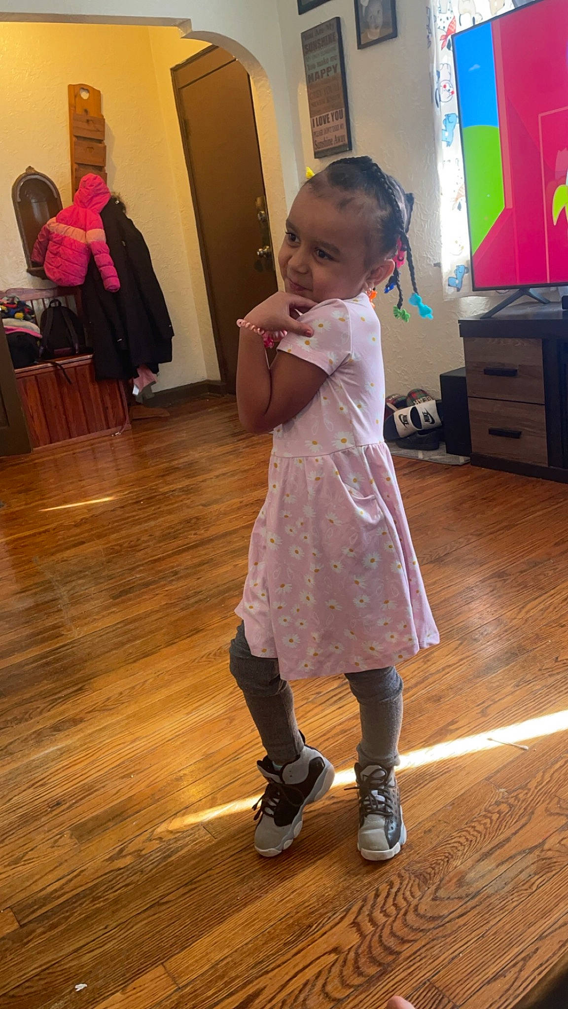 Azari joined the competition — help win amazing prizes! baby_toddler_clothing, child, drawer, entertainment, event, fashion_design, floor, flooring, formal_wear, fun, happy, hardwood, human_leg, laminate_flooring, leg, one_piece_garment, person, toddler, varnish, wood