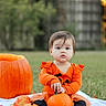 baby, child, pumpkin, pumpkins, autumn, fall, orange, outdoor, grass, leaves, harvest, costume, romper, sitting, portrait, face, eyes, infant, blanket, photography