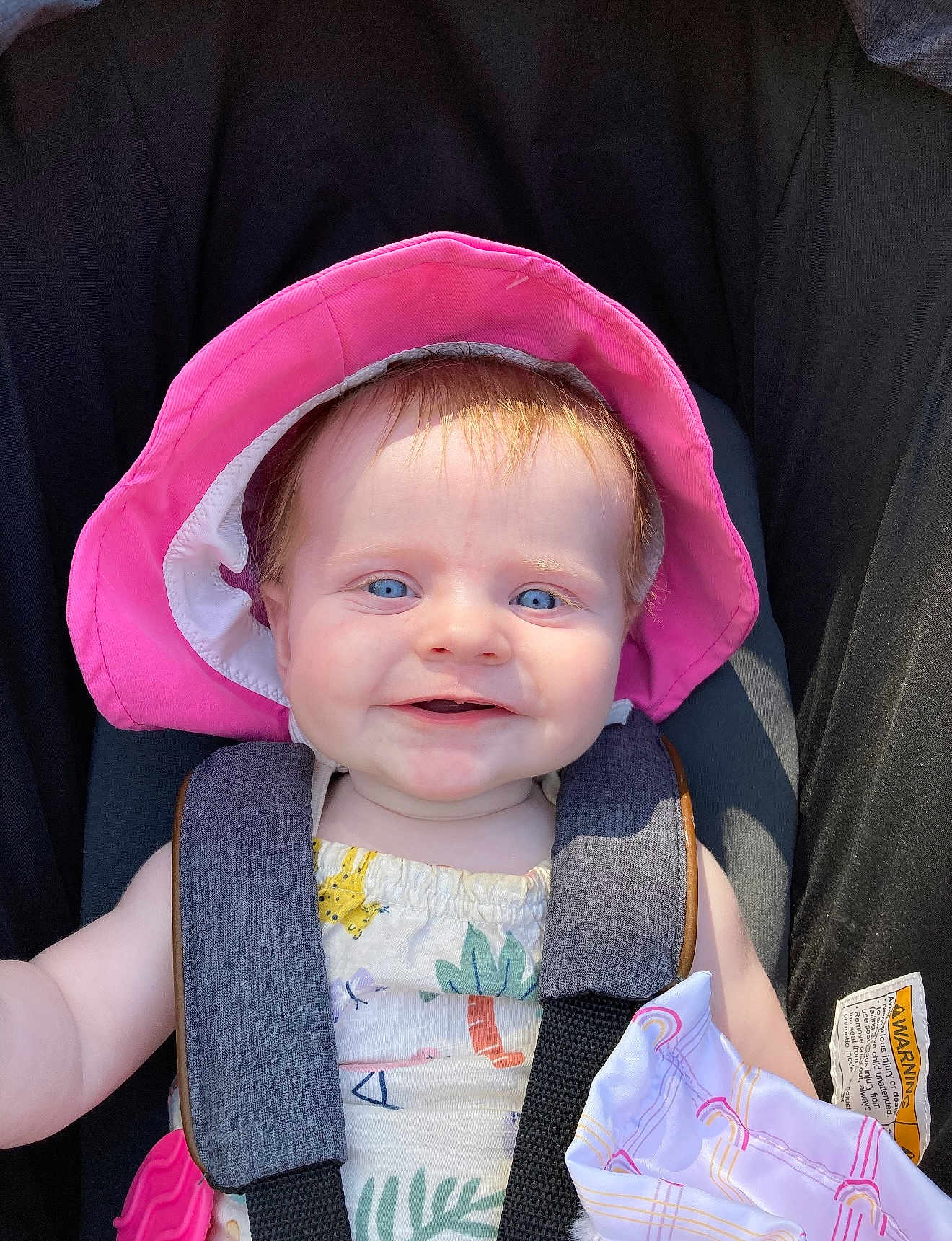 Sara joined the competition — help win amazing prizes! baby, child, smiling, hat, pink_hat, blue_eyes, stroller, seatbelt, sunlight, outdoor, clothing, fabric, cute, portrait, infant, happy, face, person, baby_girl, colorful