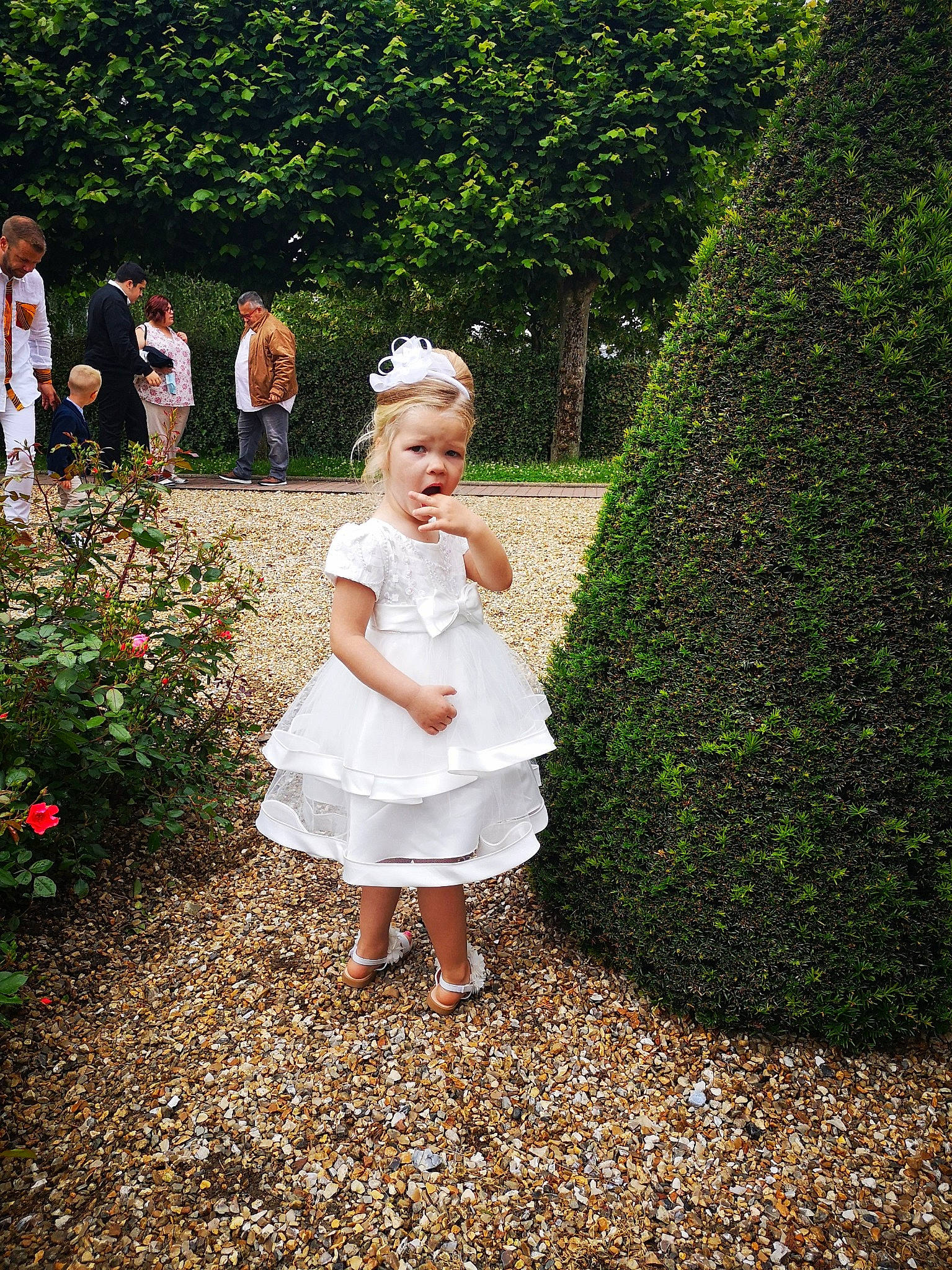 Lola participe au concours pour gagner de l'argent avec cette photo : bridal_clothing, dress, event, evergreen, flower, formal_wear, garden, gesture, grass, hairstyle, happy, hedge, lawn, leaf, people_in_nature, person, petal, plant, shrub, toddler