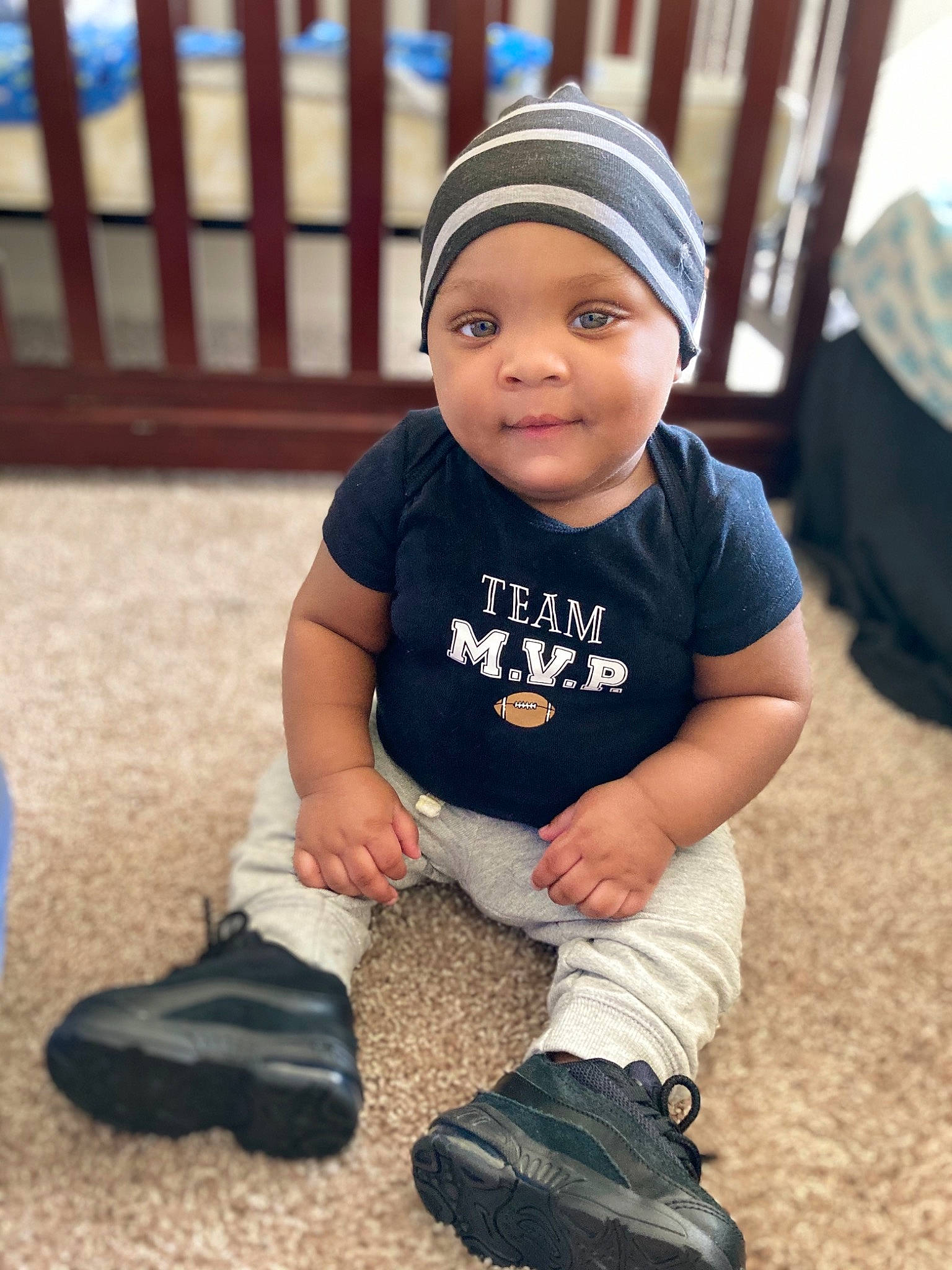 Dario Ruffin joined the competition — help win amazing prizes! baby, baby_toddler_clothing, black_hair, child, cool, electric_blue, flash_photography, flooring, happy, headwear, leg, person, sitting, skin, sleeve, smile, sneakers, standing, street_fashion, t_shirt