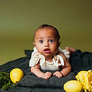 Phoebe joined the competition — help win amazing prizes! baby, infant, child, face, eyes, blanket, lemons, yellow_rose, flower, green_background, cute, portrait, curious_expression, hands, skin, lying_down, soft_lighting, indoor, colorful, still_life