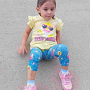 Heavenly Faith is registered to the contest to win money with this photo: child, toddler, baby_shark, yellow_shirt, blue_pants, pink_shoes, concrete, outdoor, sitting, cute, casual_clothing, young_girl, small_child, playful, fashion, footwear, person, daylight, expression, casual