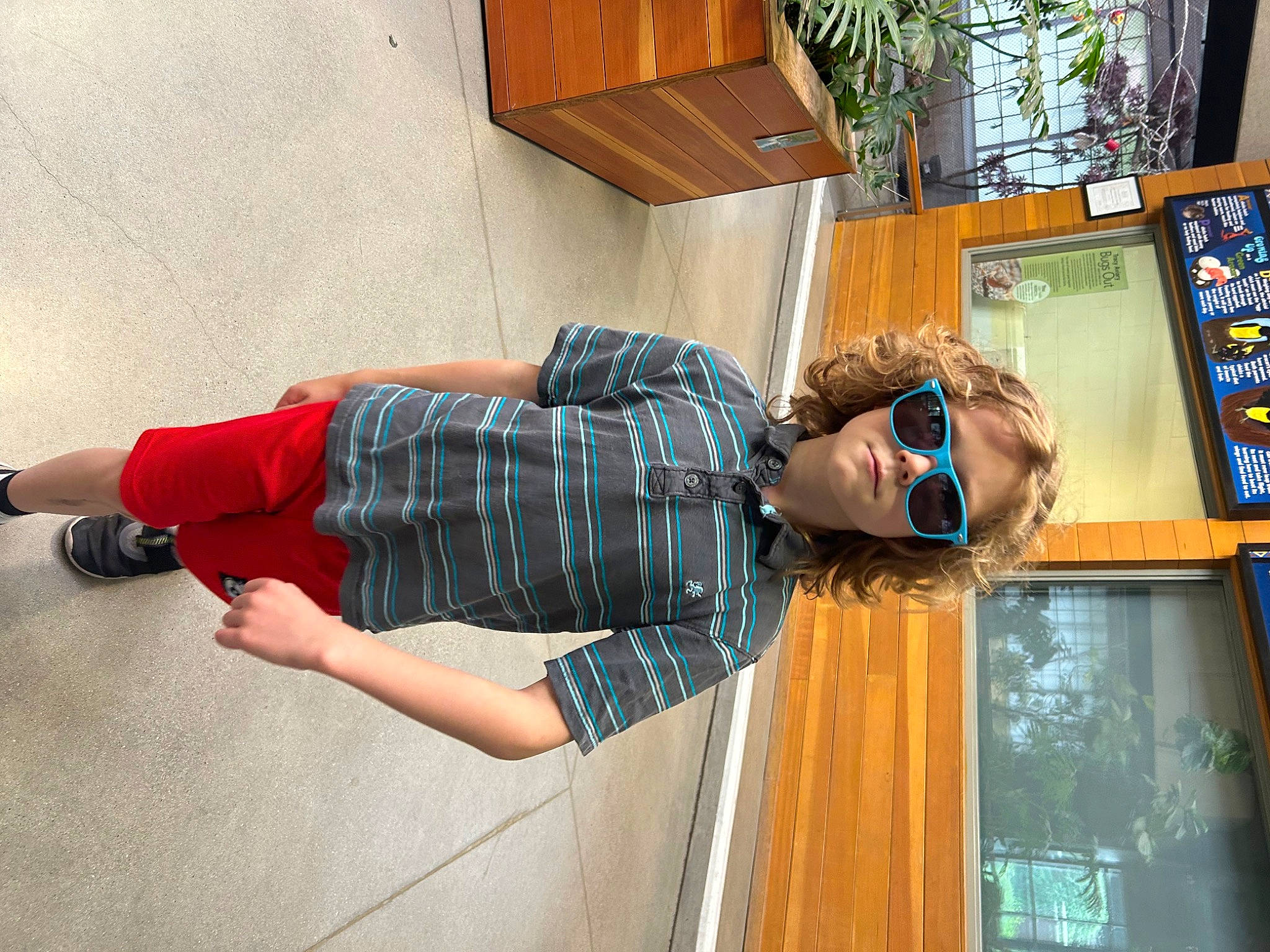 Bennett is registered to the contest to win money with this photo: elbow, eyewear, flooring, fun, hardwood, hat, houseplant, human_leg, knee, leisure, pattern, person, picture_frame, plaid, plant, sunglasses, thigh, vacation, waist, window
