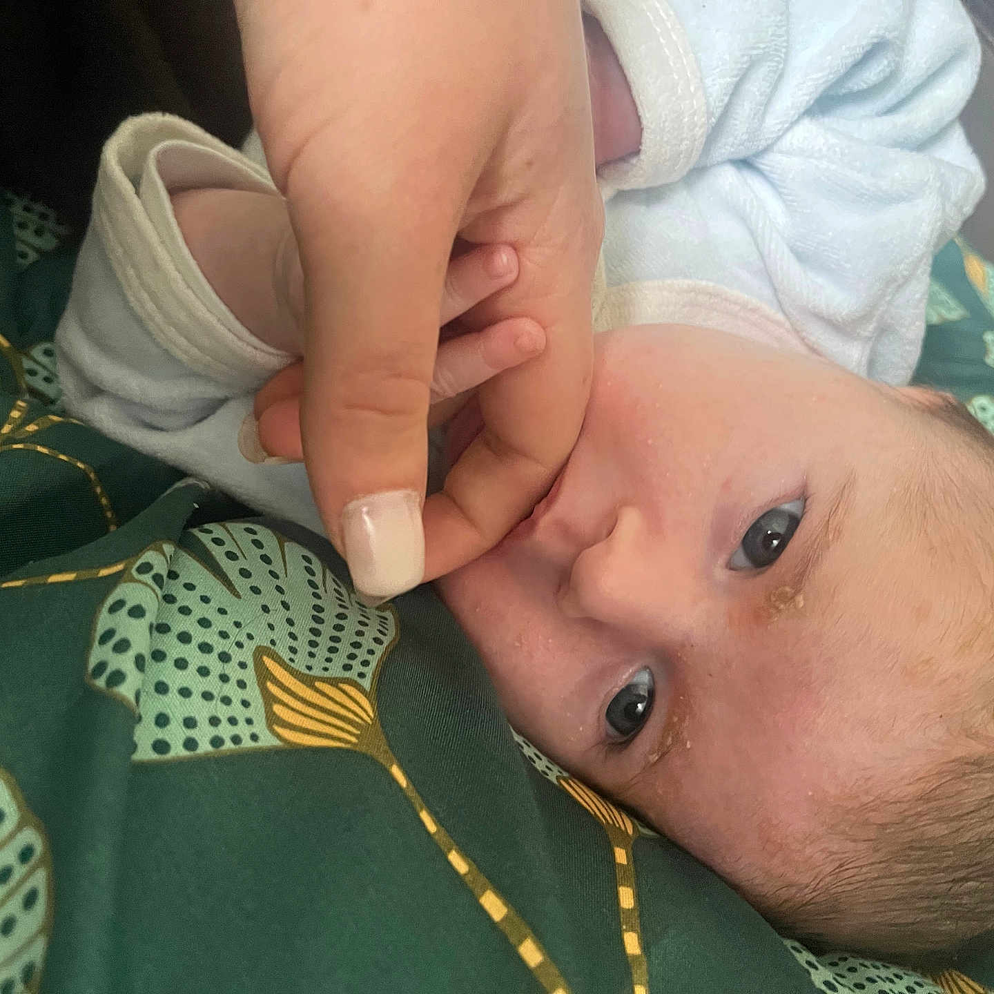 Naelya a rejoint le concours — aidez-le/la à gagner de superbes lots ! baby, infant, hand, finger, close_up, face, skin, eyelashes, blanket, fabric, pattern, green, white, person, newborn, resting, curious, soft, caring, tender