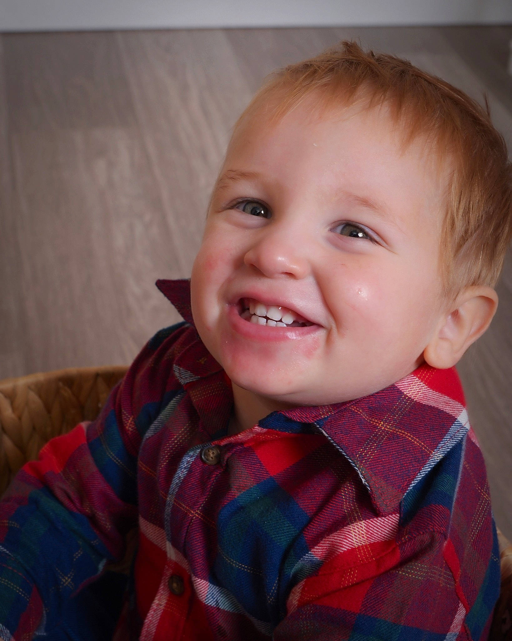 Kaiser is registered to the contest to win money with this photo: baby, baby_toddler_clothing, cheek, collar, dress_shirt, eye, forehead, happy, iris, joy, lip, mouth, nose, pattern, person, plaid, skin, sleeve, smile, tartan