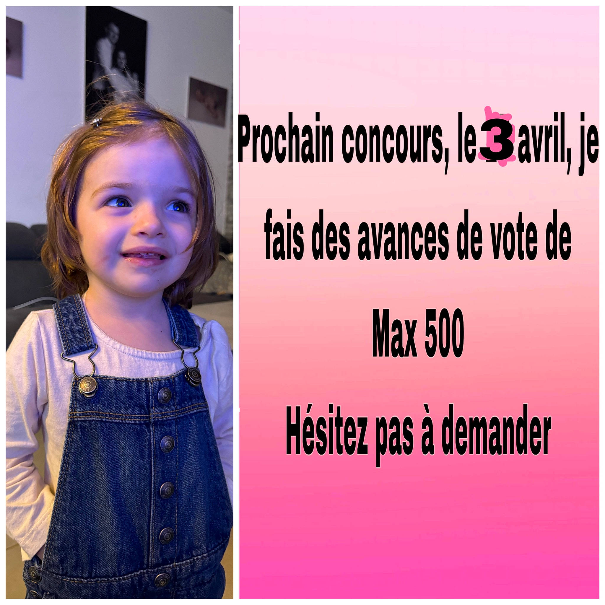 Clara a rejoint le concours — aidez-le/la à gagner de superbes lots ! baby_toddler_clothing, button, child, denim, dress, electric_blue, fashion_accessory, font, happy, joy, magenta, pattern, person, photo_caption, portrait_photography, purple, room, sleeve, smile, t_shirt