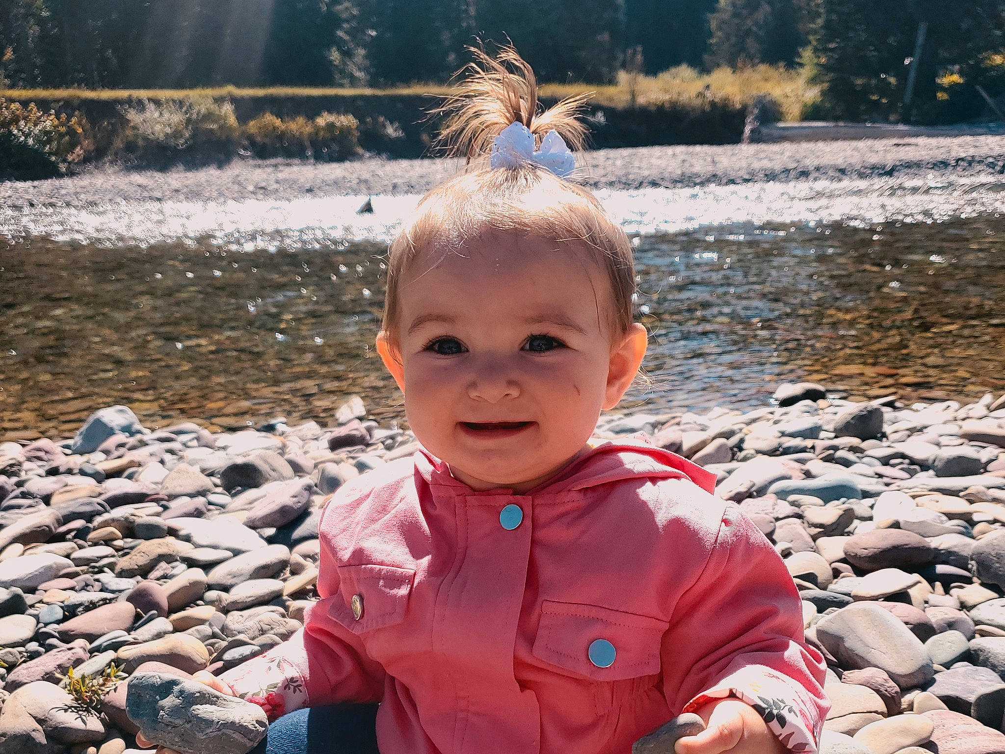 Alayna joined the competition — help win amazing prizes! baby, baby_toddler_clothing, body_of_water, child, eyewear, facial_expression, fun, happy, lake, leisure, people, people_in_nature, person, photograph, recreation, smile, toddler, travel, tree, water