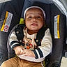 baby, infant, child, car_seat, sitting, portrait, face, eyes, tongue, smiling, curious, clothing, jacket, pants, bear_design, headband, hands, indoor, photography,  안전