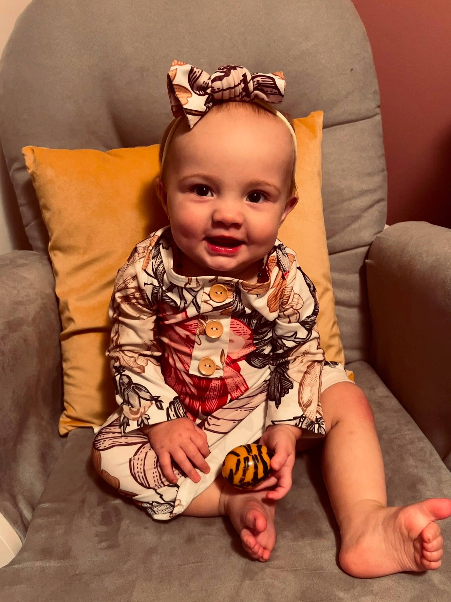 Adley joined the competition — help win amazing prizes! baby, baby_toddler_clothing, cheek, child, comfort, couch, dress, eyelash, finger, flash_photography, fun, happy, head, human_body, joy, person, sitting, skin, sleeve, smile