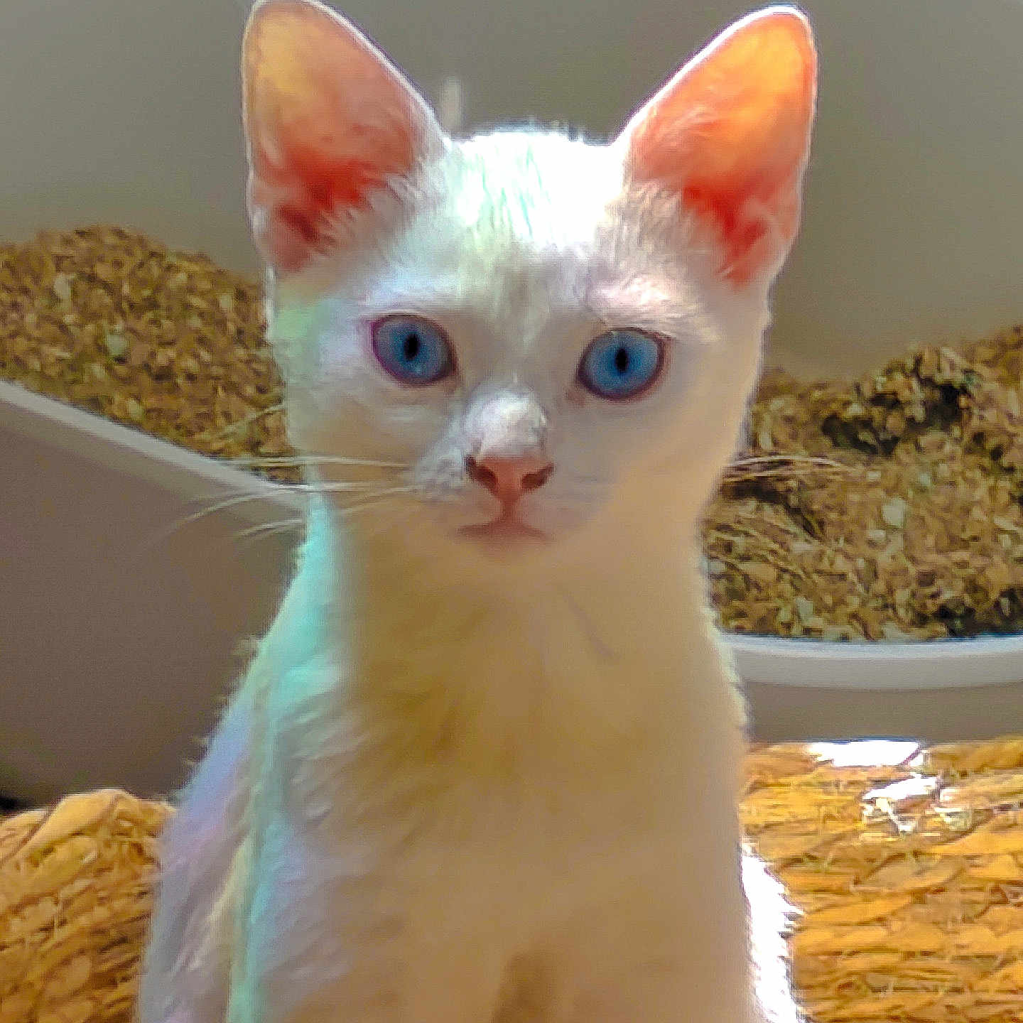 Luna participe au concours pour gagner de l'argent avec cette photo : cat, kitten, white_cat, blue_eyes, animal, pet, feline, portrait, close_up, sitting, ears, whiskers, pink_nose, wide_eyed, indoor, scratching_post, cat_tower, fur, cute, photography