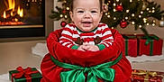 Khloe is registered to the contest to win money with this photo: baby, candy_canes, celebration, child, christmas_presents, christmas_tree, decorations, festive_clothing, fireplace, gift_box, green_bow, holiday_decor, holiday_photo, holiday_season, indoors, joyful, red_velvet_sack, smiling, stocking, warm_lighting
