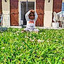Lorenzo a rejoint le concours — aidez-le/la à gagner de superbes lots ! chair, child, daylight, door, flowers, furniture, garden, grass, greenery, house, long_sleeves, outdoor, pants, playful, shoes, smiling, sunny, table, toddler, wooden_shutters