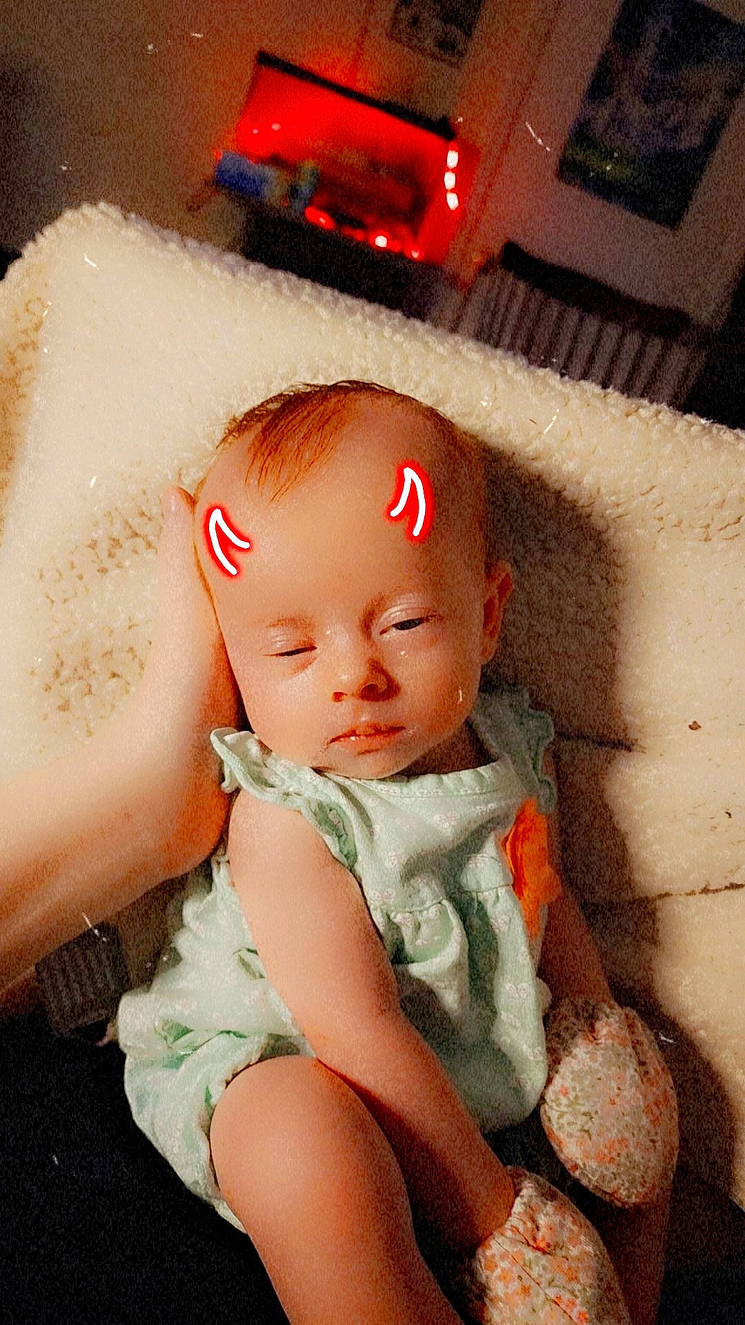 Audrey joined the competition — help win amazing prizes! baby, baby_sleeping, baby_toddler_clothing, cap, carmine, chest, child, costume_hat, doll, eyelash, fashion_accessory, finger, headgear, headpiece, lip, nose, person, sitting, skin, toddler