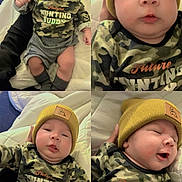 Ethan joined the competition — help win amazing prizes! baby, child, infant, yellow_beanie, camouflage_clothing, smiling, cute, portrait, blanket, indoor, sitting, expression, person, young_child, clothing, headwear, resting, happy, closeup, four_photos