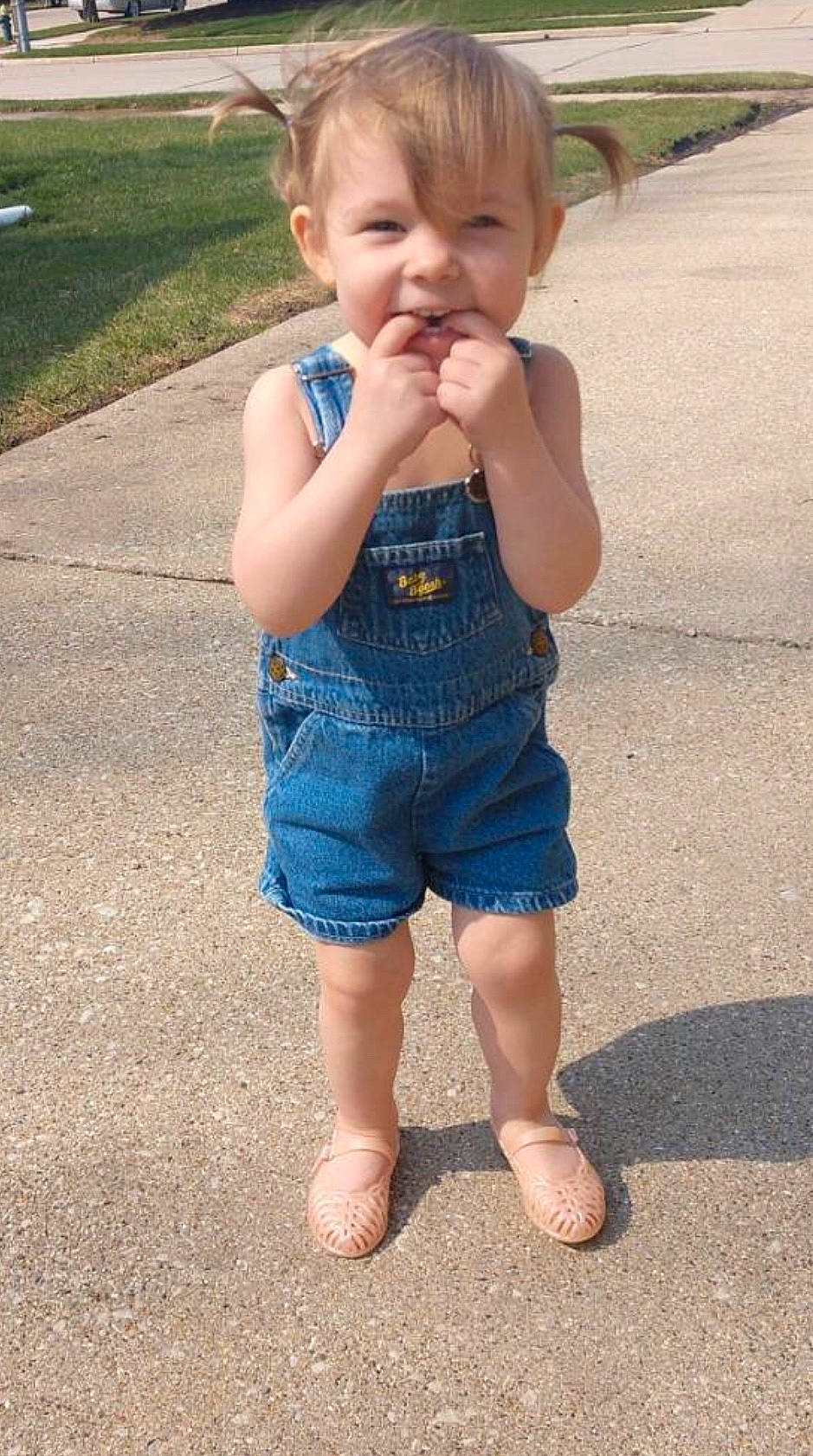 Avery Rose joined the competition — help win amazing prizes! baby, barefoot, blond, child, denim, footwear, fun, jeans, joy, leg, overall, person, play, shoe, shorts, sitting, summer, toddler, vacation