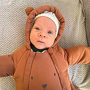 Aksil participe au concours pour gagner de l'argent avec cette photo : baby, bear, blanket, brown, child, clothing, cozy, cute, eyes, face, hat, hood, indoor, infant, lying_down, person, portrait, snowsuit, texture, warm