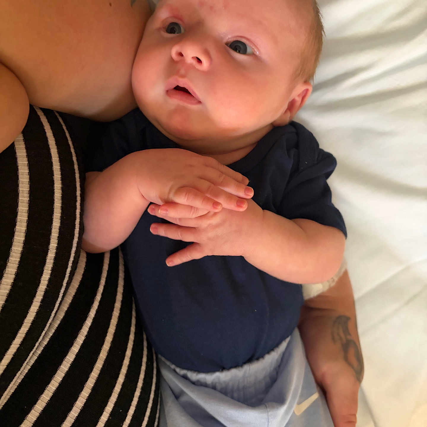 Ronin is registered to the contest to win money with this photo: baby, infant, person, hands, clothing, onesie, striped_shirt, arm, tattoo, bed, white_bed_sheet, skin, curious, newborn, portrait, indoor, holding, cute, expression, closeup