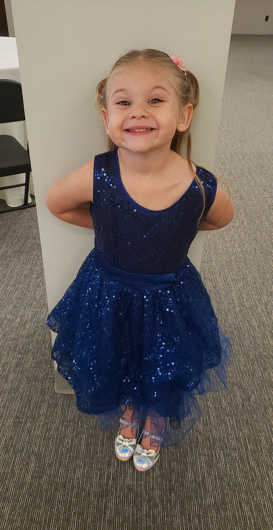 Trinity joined the competition — help win amazing prizes! baby_toddler_clothing, chair, day_dress, dress, electric_blue, face, flooring, fun, happy, iris, joy, leg, one_piece_garment, pattern, person, sleeve, smile, standing, toddler, trunk