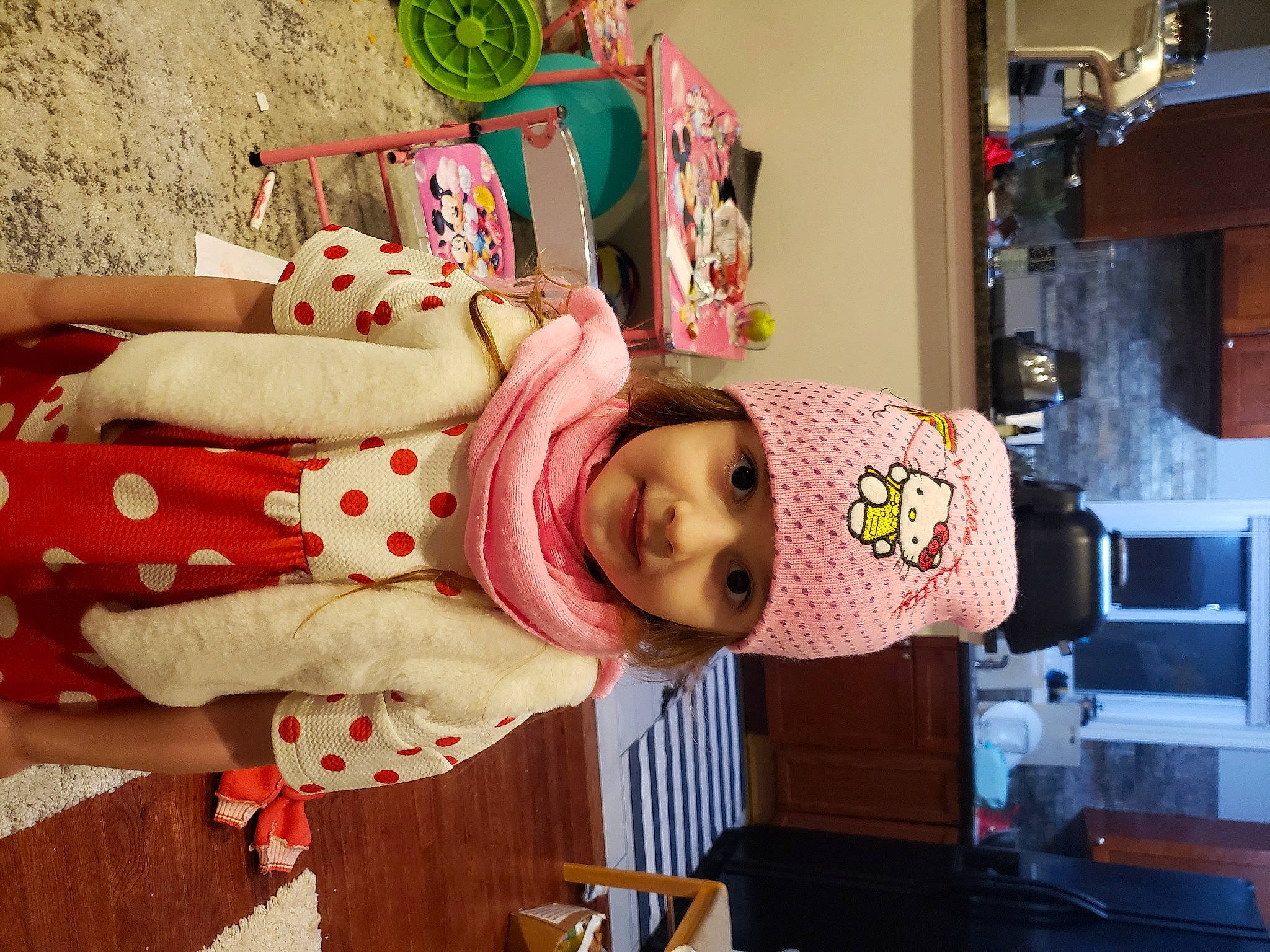 Kataleya is registered to the contest to win money with this photo: baby, baby_toddler_clothing, child, costume, green, happy, hat, headwear, joy, pattern, person, pink, product, room, smile, textile, toddler