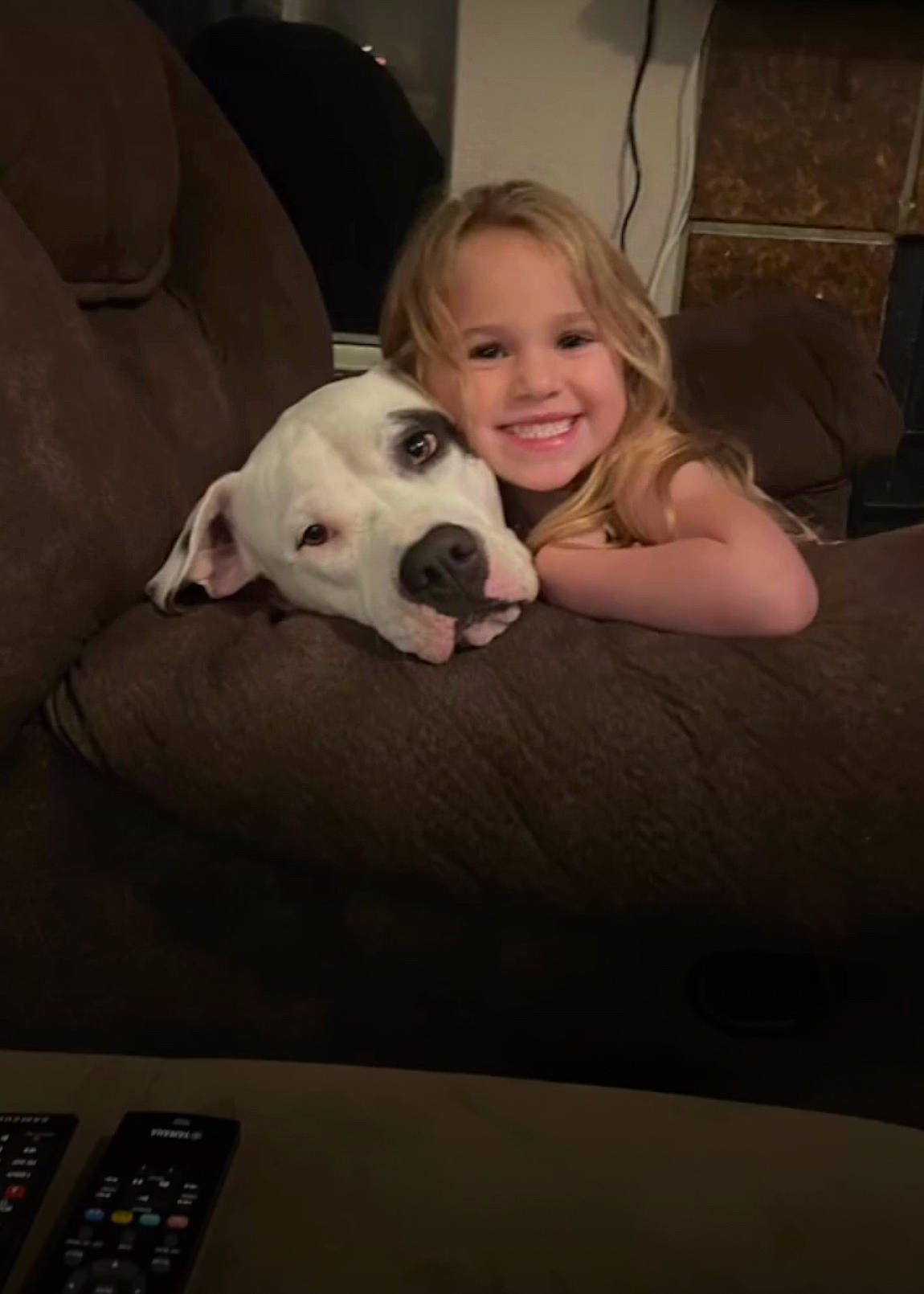 Cali is registered to the contest to win money with this photo: carnivore, child, comfort, companion_dog, couch, dog, dog_breed, fawn, flash_photography, floor, flooring, fur, happy, head, sitting, smile, snout, sporting_group, t_shirt, toddler