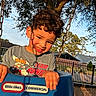 blue, boy, child, curly_hair, daytime, fence, grass, happy, house, metal_chain, outdoor, park, playground, shadow, smiling, sunlight, swing, tree, tshirt, young