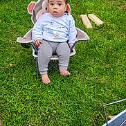 Elijah joined the competition — help win amazing prizes! toddler, child, grass, outdoor, chair, monkey_chair, toy, blue_ball, clothing, sitting, barefoot, person, nature, playtime, lawn, greenery, casual, daylight, baby, cute