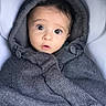 baby, child, hood, blanket, wrapped, wide_eyes, cute, infant, cozy, portrait, face, person, clothing, warm, indoors, expression, button, seat, head, young