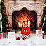 child, toddler, smile, christmas, fireplace, candles, christmas_tree, presents, gifts, holiday, decorations, festive, backdrop, portrait, sitting, pajamas, socks, ribbon, garland, ornament