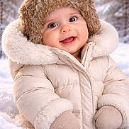 Elena a rejoint le concours — aidez-le/la à gagner de superbes lots ! baby, child, winter_coat, fur_hat, mittens, snow, outdoors, smiling, rosy_cheeks, portrait, close_up, cozy, cold_weather, puffer_jacket, hood, cute, toddler, happy, nature, evergreen_trees