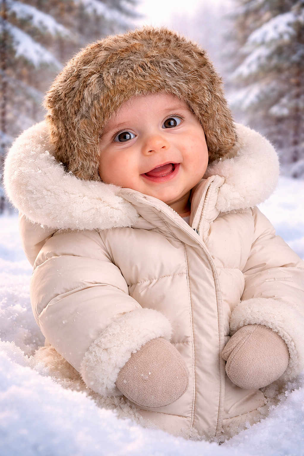 Elena a rejoint le concours — aidez-le/la à gagner de superbes lots ! baby, child, winter_coat, fur_hat, mittens, snow, outdoors, smiling, rosy_cheeks, portrait, close_up, cozy, cold_weather, puffer_jacket, hood, cute, toddler, happy, nature, evergreen_trees