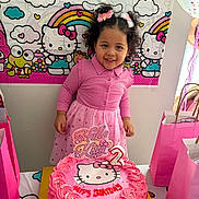 Alaia joined the competition — help win amazing prizes! child, birthday_cake, hello_kitty, pink_dress, gift_bags, balloon, party, smile, curly_hair, celebration, number_2_candle, table, wall_decor, birthday, cake, person, indoors, colorful, happy, decorations