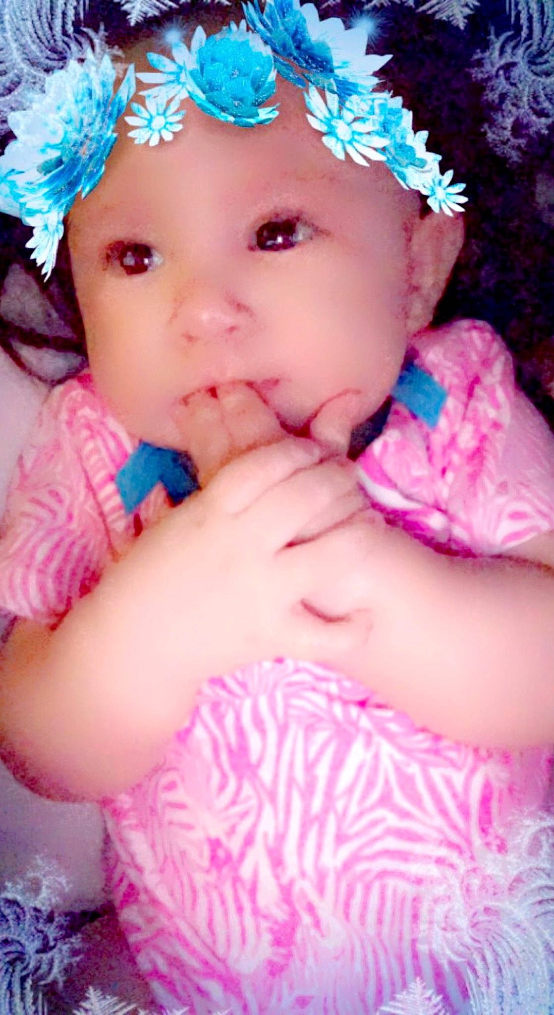 Heavenly Serenity Taber joined the competition — help win amazing prizes! baby, baby_toddler_clothing, blue, cap, cheek, child, clothing, eyelash, finger, happy, hat, headband, headgear, headpiece, headwear, iris, lip, person, pink, purple