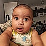 Kassim participe au concours pour gagner de l'argent avec cette photo : baby, child, indoor, curious, face, wide_eyes, sleeveless_shirt, bear_print, sun_print, hand, kitchen, reaching, person, skin, expression, infant, cute, young, portrait, home