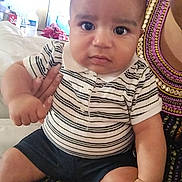 Kassim participe au concours pour gagner de l'argent avec cette photo : baby, child, striped_shirt, shorts, person, indoor, sitting, hand, face, eyes, curious, lap, clothing, furniture, home, adult_hand, portrait, skin, human, casual