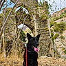 ancient_structure, archway, black_dog, branches, collar, dog, dry_grass, hillside, landscape, leash, mountains, nature, outdoors, pet, pointed_ears, portrait, sitting, stone_ruins, tongue_out, trees