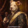 animal, anthropomorphic, antique_style, brocade, cane, costume, dog, ears, face, fur, hand, ornate_clothing, painting, pet, portrait, portrait_lighting, regal, staff, velvet_curtain, watermark