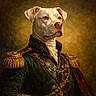 animal_portrait, aristocratic, canvas_texture, chains, costume, decorative, dignified, dog, elegant, epaulettes, formal_attire, gold_trim, historical, military_uniform, oil_painting, portrait, regal, studio_lighting, vintage_style, white_dog