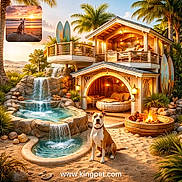 Lyla is registered to the contest to win money with this photo: beach_house, cozy, dog, firepit, nature, outdoor, palm_trees, pet, plants, pool, relaxation, rocks, sand, sky, sunset, surfboards, tropical, vacation, waterfall, wood