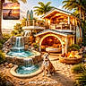 beach_house, cozy, dog, firepit, nature, outdoor, palm_trees, pet, plants, pool, relaxation, rocks, sand, sky, sunset, surfboards, tropical, vacation, waterfall, wood