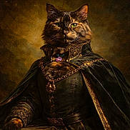 Pikachu is registered to the contest to win money with this photo: animal_portrait, aristocratic, cape, cat, classical_painting_style, costume, dramatic_lighting, feline, fur, green_eyes, historical_style, jewelry, luxury, majestic, medieval_style, noble, ornate, portrait, regal, vintage_clothing