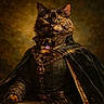 animal_portrait, aristocratic, cape, cat, classical_painting_style, costume, dramatic_lighting, feline, fur, green_eyes, historical_style, jewelry, luxury, majestic, medieval_style, noble, ornate, portrait, regal, vintage_clothing