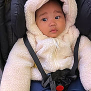 Ari is registered to the contest to win money with this photo: baby, child, car_seat, hoodie, fluffy_clothing, cream_color, straps, wide_eyes, cute, warm_clothes, infant, seat_belt, adorable, soft_texture, casual_wear, indoor, portrait, sitting, young_child, winter_clothing