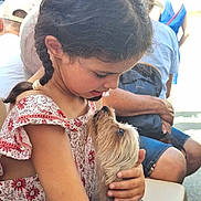 Asko participe au concours pour gagner de l'argent avec cette photo : child, dog, braids, love, outdoor, people, seated, casual_clothing, affection, pet, portrait, summer, sunlight, human, animal, cute, holding, interaction, friendship, background
