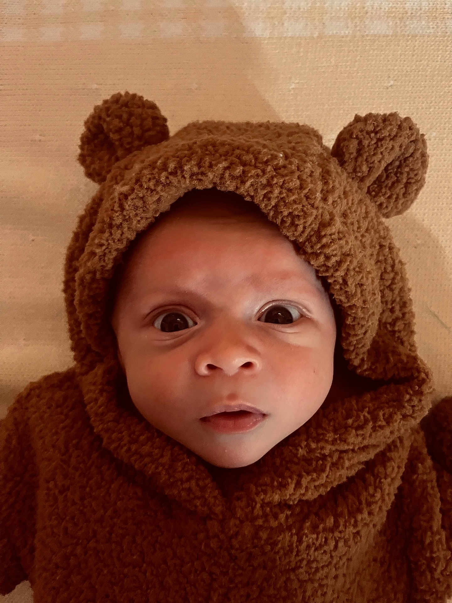Elijah joined the competition — help win amazing prizes! baby, infant, face, eyes, hood, brown, clothing, teddy_bear, costume, cute, warm, soft, texture, portrait, expression, child, newborn, fur, cute_outfit, indoor