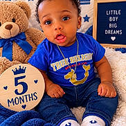 Amil joined the competition — help win amazing prizes! baby, infant, child, portrait, sitting, blue_outfit, curly_hair, smiling, wide_eyes, teddy_bear, stuffed_animal, blanket, nursery, milestone, five_months, wooden_sign, stars, crown, necklace, indoor
