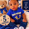 baby, infant, child, portrait, sitting, blue_outfit, curly_hair, smiling, wide_eyes, teddy_bear, stuffed_animal, blanket, nursery, milestone, five_months, wooden_sign, stars, crown, necklace, indoor